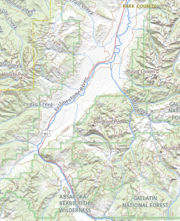 Map of the Yellowstone River flowing through Paradise Valley south of Livingston MT.